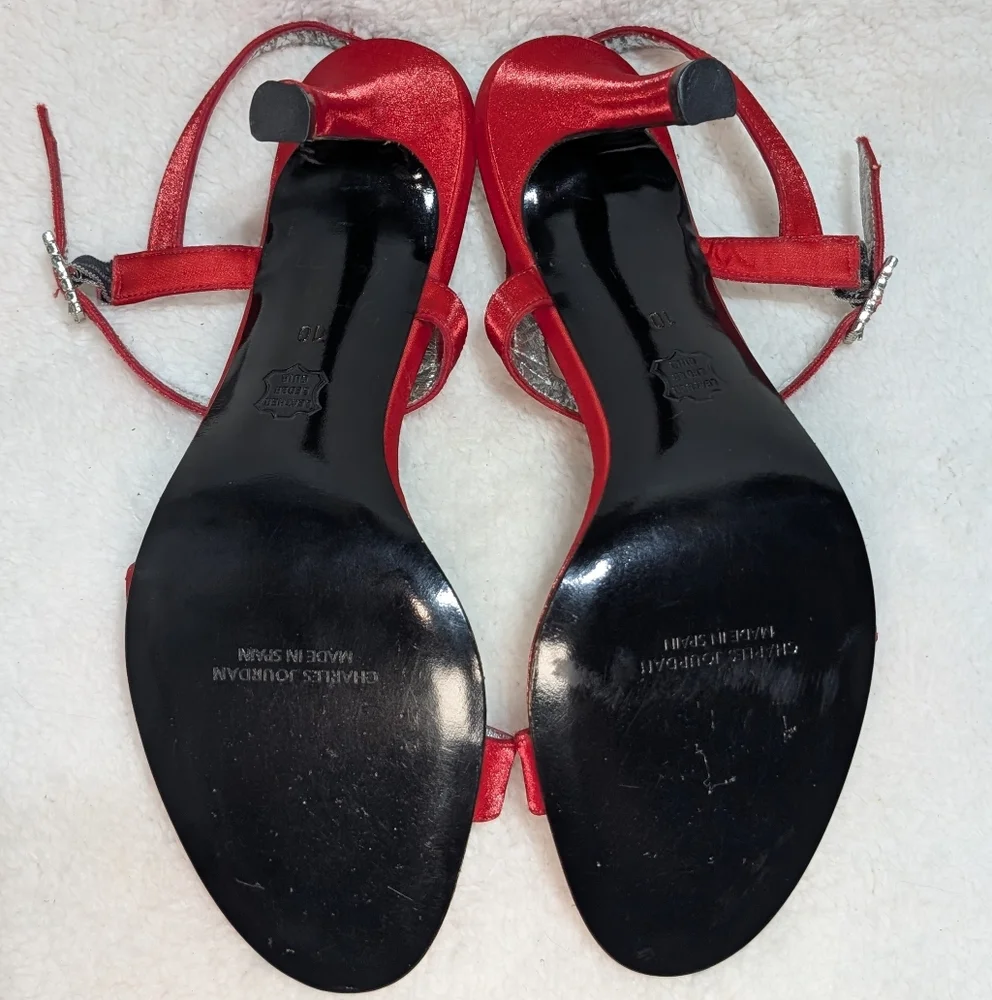 Charles Jourdan Paris Scarlet Red Satin Heels Rhinestone Square Buckle Womens 10 - Picture 8 of 12
